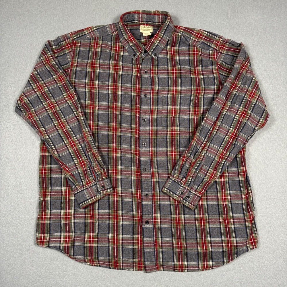 LL Bean Flannel Shirt Mens XXL Tall Gray Red Plaid Cotton Button Down 228066
